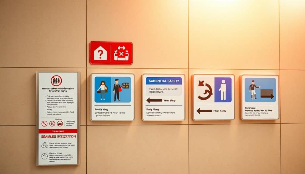 A vibrant and well-designed safety signage system, featuring bold, minimalist icons and symbols against a clean, muted background. The foreground showcases essential safety information and directives in a clear, easy-to-understand manner, with a strong emphasis on visual hierarchy and legibility. The middle ground incorporates seamless integration of directional cues and wayfinding elements, guiding viewers intuitively through the space. The background features subtle, textured surfaces that complement the overall aesthetic, creating a sense of cohesion and professionalism. Warm, balanced lighting casts a soft, inviting glow, while the camera angle captures the signage system from a slightly elevated perspective, conveying a sense of authority and reliability. A vibrant and well-designed safety signage system, featuring bold, minimalist icons and symbols against a clean, muted background. The foreground showcases essential safety information and directives in a clear, easy-to-understand manner, with a strong emphasis on visual hierarchy and legibility. The middle ground incorporates seamless integration of directional cues and wayfinding elements, guiding viewers intuitively through the space. The background features subtle, textured surfaces that complement the overall aesthetic, creating a sense of cohesion and professionalism. Warm, balanced lighting casts a soft, inviting glow, while the camera angle captures the signage system from a slightly elevated perspective, conveying a sense of authority and reliability.