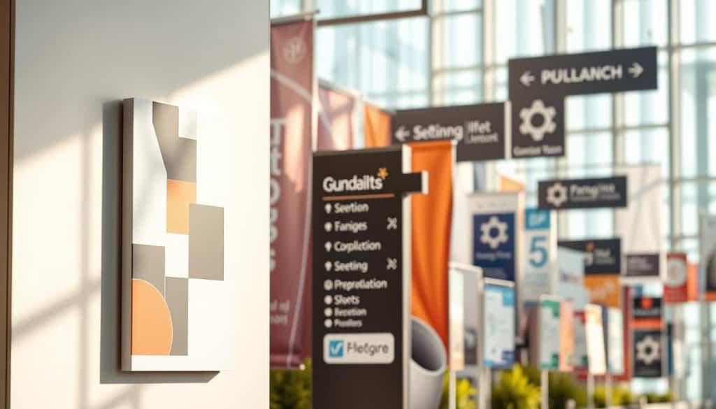 A vibrant arrangement of diverse corporate signage elements, artfully displayed against a softly blurred backdrop. In the foreground, a clean, minimalist wall-mounted sign with bold geometric shapes in muted tones. At the center, a freestanding wayfinding pylon with elegant typography and subtle lighting. In the background, a collection of hanging banners, directional markers, and informational placards, each with a distinct visual identity that seamlessly integrates into the overall cohesive design. The scene is bathed in warm, natural light, conveying a sense of sophistication and attention to detail that reflects the strategic application of signage in a professional business environment. A vibrant arrangement of diverse corporate signage elements, artfully displayed against a softly blurred backdrop. In the foreground, a clean, minimalist wall-mounted sign with bold geometric shapes in muted tones. At the center, a freestanding wayfinding pylon with elegant typography and subtle lighting. In the background, a collection of hanging banners, directional markers, and informational placards, each with a distinct visual identity that seamlessly integrates into the overall cohesive design. The scene is bathed in warm, natural light, conveying a sense of sophistication and attention to detail that reflects the strategic application of signage in a professional business environment.
