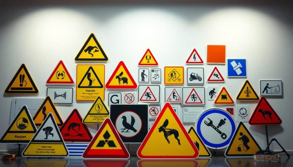 A vibrant arrangement of safety signs and symbols, meticulously designed to convey a sense of caution and vigilance. In the foreground, a collection of distinctive hazard signs, featuring bold shapes and contrasting colors that immediately draw the eye. The middle ground showcases a variety of pictograms and icons, each communicating a specific safety instruction with clarity and simplicity. In the background, a clean, minimalist backdrop allows the signage to take center stage, emphasizing its importance and functionality. The lighting is crisp and directional, casting subtle shadows that add depth and dimensionality to the composition. The overall mood is one of professionalism and attention to detail, reflecting the importance of effective safety communication. A vibrant arrangement of safety signs and symbols, meticulously designed to convey a sense of caution and vigilance. In the foreground, a collection of distinctive hazard signs, featuring bold shapes and contrasting colors that immediately draw the eye. The middle ground showcases a variety of pictograms and icons, each communicating a specific safety instruction with clarity and simplicity. In the background, a clean, minimalist backdrop allows the signage to take center stage, emphasizing its importance and functionality. The lighting is crisp and directional, casting subtle shadows that add depth and dimensionality to the composition. The overall mood is one of professionalism and attention to detail, reflecting the importance of effective safety communication.
