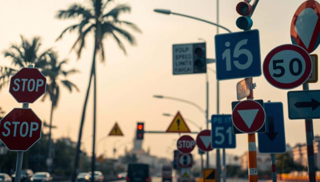 A vibrant collection of key traffic signals, prominently displayed against a softly blurred Colombian urban landscape. The foreground features a variety of stop signs, yield signs, speed limit indicators, and directional arrows, each meticulously rendered in bold, reflective colors. The middle ground showcases towering palm trees and the silhouettes of passing vehicles, lending a sense of motion and context. The background gently fades into a hazy sky, with subtle hints of architectural details in the distance. Warm, natural lighting casts subtle shadows, creating depth and dimensionality. The overall atmosphere conveys the importance of these essential traffic control devices within the fabric of the Colombian road network. A vibrant collection of key traffic signals, prominently displayed against a softly blurred Colombian urban landscape. The foreground features a variety of stop signs, yield signs, speed limit indicators, and directional arrows, each meticulously rendered in bold, reflective colors. The middle ground showcases towering palm trees and the silhouettes of passing vehicles, lending a sense of motion and context. The background gently fades into a hazy sky, with subtle hints of architectural details in the distance. Warm, natural lighting casts subtle shadows, creating depth and dimensionality. The overall atmosphere conveys the importance of these essential traffic control devices within the fabric of the Colombian road network.