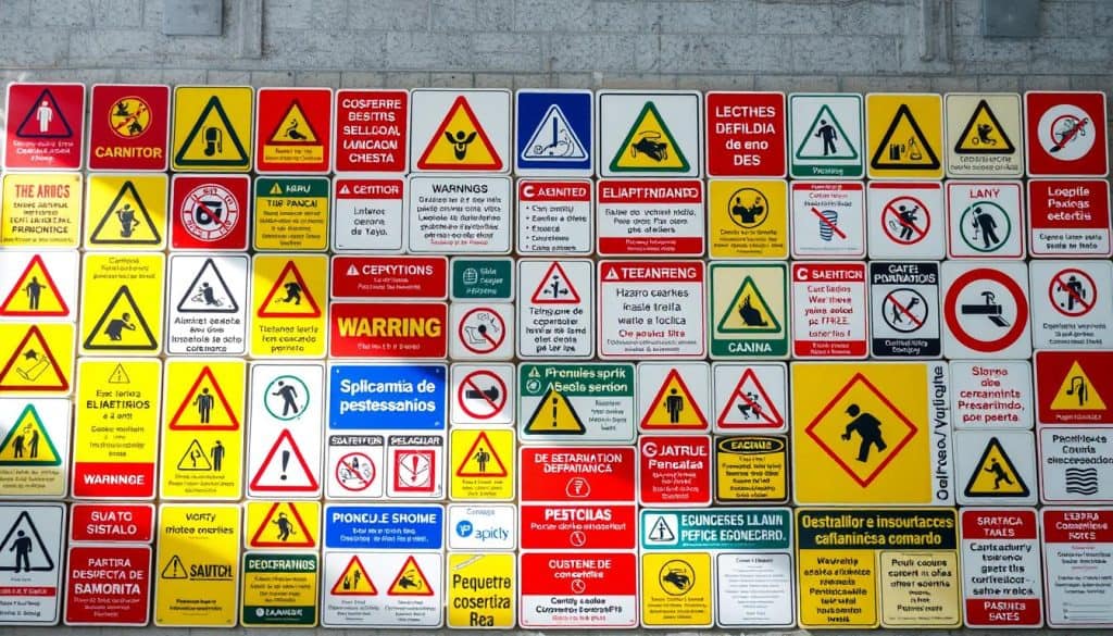 A vibrant collection of multilingual warning signs in Spanish, English, and other languages, arranged in a visually striking grid layout. The signs feature standardized icons and symbols for hazards, safety, and precautions, rendered in bold colors and high contrast. The arrangement creates a sense of organized chaos, hinting at the diverse range of safety concerns encountered in commercial and industrial settings. Overhead, diffused natural lighting casts subtle shadows, adding depth and dimension to the scene. The overall tone is authoritative yet approachable, reflecting the pragmatic purpose of these essential communication tools. A vibrant collection of multilingual warning signs in Spanish, English, and other languages, arranged in a visually striking grid layout. The signs feature standardized icons and symbols for hazards, safety, and precautions, rendered in bold colors and high contrast. The arrangement creates a sense of organized chaos, hinting at the diverse range of safety concerns encountered in commercial and industrial settings. Overhead, diffused natural lighting casts subtle shadows, adding depth and dimension to the scene. The overall tone is authoritative yet approachable, reflecting the pragmatic purpose of these essential communication tools.