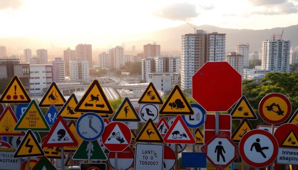 A vibrant collection of safety signals against a backdrop of a Colombian cityscape. In the foreground, a diverse array of warning signs - triangular, circular, and octagonal - featuring iconic symbols like hazard lights, falling rocks, and slippery surfaces. The middle ground showcases modern buildings and infrastructure, reflecting the progress and development of the region. The sky is filled with a warm, golden glow, casting a soft, inviting light over the scene. The overall atmosphere conveys a sense of heightened awareness and the importance of safety in a growing urban environment. A vibrant collection of safety signals against a backdrop of a Colombian cityscape. In the foreground, a diverse array of warning signs - triangular, circular, and octagonal - featuring iconic symbols like hazard lights, falling rocks, and slippery surfaces. The middle ground showcases modern buildings and infrastructure, reflecting the progress and development of the region. The sky is filled with a warm, golden glow, casting a soft, inviting light over the scene. The overall atmosphere conveys a sense of heightened awareness and the importance of safety in a growing urban environment.