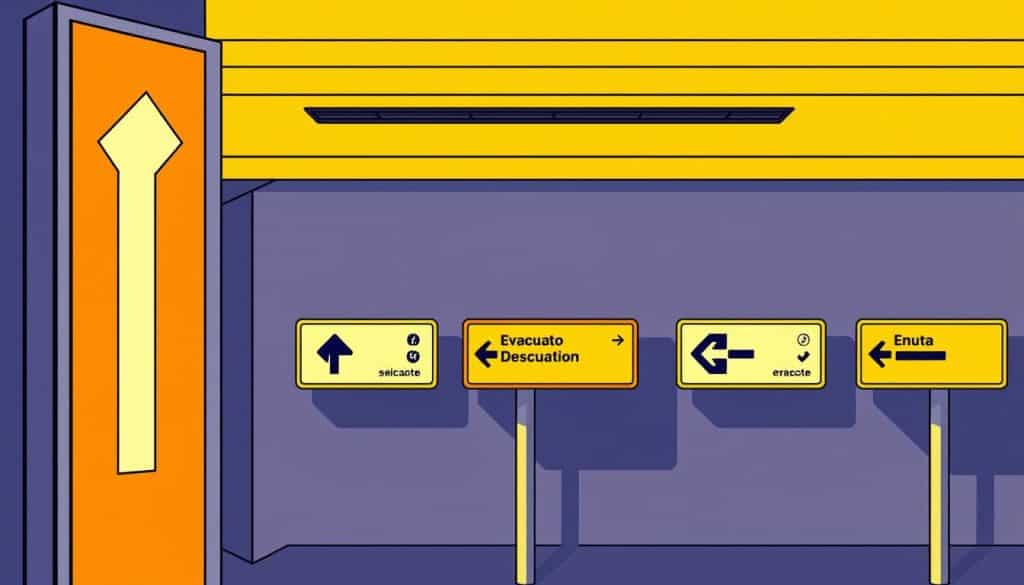 A vibrant, highly detailed illustration of a "ruta evacuación" signage system, showcasing a series of directional signs and evacuation route indicators. The foreground features the primary exit sign, a bold, minimalist design with a prominent arrow pointing the way, rendered in a warm color palette. In the middle ground, a set of supplementary signs direct evacuees to different routes, each with clear iconography and intuitive symbols. The background depicts the surrounding environment, a modern commercial or office setting, with clean lines, muted tones, and strategic lighting that casts dramatic shadows, enhancing the sense of urgency and purpose. The overall composition conveys a strong sense of order, safety, and effective wayfinding, perfectly suited to illustrate the "Variantes, direcciones y personalización" section of the article. A vibrant, highly detailed illustration of a "ruta evacuación" signage system, showcasing a series of directional signs and evacuation route indicators. The foreground features the primary exit sign, a bold, minimalist design with a prominent arrow pointing the way, rendered in a warm color palette. In the middle ground, a set of supplementary signs direct evacuees to different routes, each with clear iconography and intuitive symbols. The background depicts the surrounding environment, a modern commercial or office setting, with clean lines, muted tones, and strategic lighting that casts dramatic shadows, enhancing the sense of urgency and purpose. The overall composition conveys a strong sense of order, safety, and effective wayfinding, perfectly suited to illustrate the "Variantes, direcciones y personalización" section of the article.
