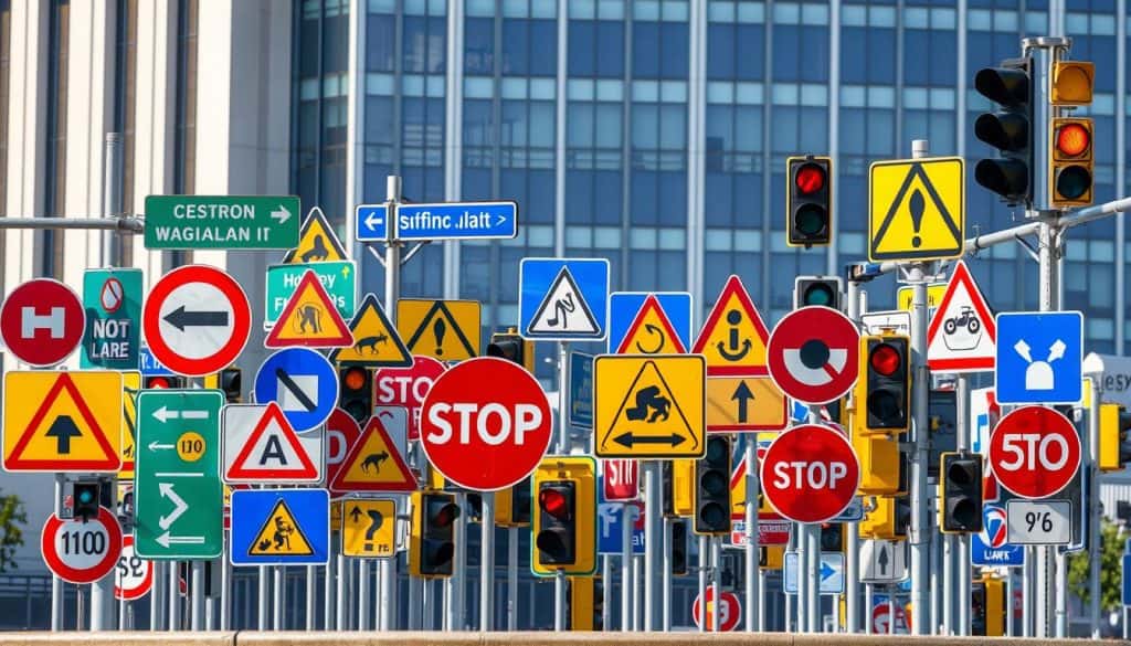 A vibrant, realistic scene of traffic signs and signals against a crisp, urban backdrop. A diverse collection of regulatory, warning, and informational road signs in various shapes and colors, meticulously detailed, creating a comprehensive guide to transit signage. The signs are well-lit, casting subtle shadows, with a focus on clarity and legibility. The angle provides a comprehensive, eye-level view, allowing the viewer to easily identify and understand the different sign categories. The overall composition conveys a sense of order, safety, and practical guidance for navigating the transportation infrastructure. A vibrant, realistic scene of traffic signs and signals against a crisp, urban backdrop. A diverse collection of regulatory, warning, and informational road signs in various shapes and colors, meticulously detailed, creating a comprehensive guide to transit signage. The signs are well-lit, casting subtle shadows, with a focus on clarity and legibility. The angle provides a comprehensive, eye-level view, allowing the viewer to easily identify and understand the different sign categories. The overall composition conveys a sense of order, safety, and practical guidance for navigating the transportation infrastructure.