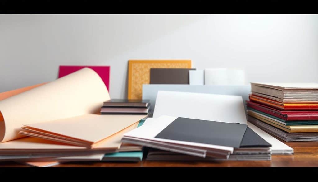 A vibrant still life showcasing an array of high-quality materials and finishes suitable for a range of corporate printing projects. In the foreground, various paper stocks, including smooth matte, textured linen, and glossy card, are meticulously arranged, their surfaces reflecting the warm, diffused lighting. In the middle ground, an assortment of specialty inks, embossing foils, and coatings are displayed, each offering a distinct visual and tactile experience. The background features a clean, minimalist backdrop, allowing the materials to take center stage and emphasize their versatility and quality. The overall composition exudes a sense of professionalism, attention to detail, and a commitment to crafting impactful, visually compelling corporate print materials.
