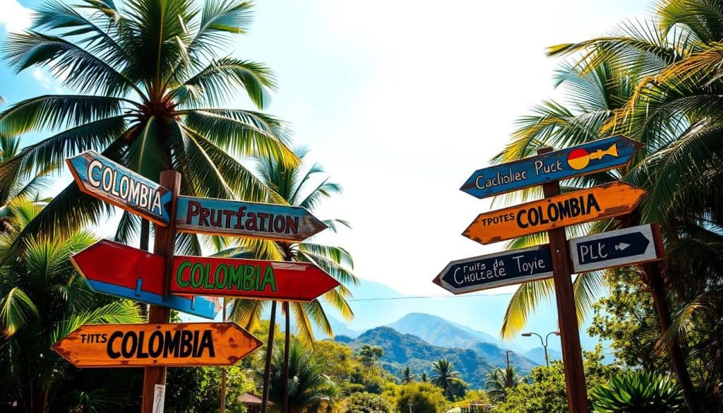 A vibrant, sun-drenched scene of touristic signage in a quintessential Colombian landscape. In the foreground, a series of colorful, hand-painted directional signs point the way to local attractions, their weathered surfaces evoking a sense of timeless charm. In the middle ground, lush tropical foliage frames the scene, with towering palm trees swaying gently in a warm breeze. In the distance, the silhouettes of rolling hills and mountains rise up against a bright, azure sky, hinting at the natural wonders that await the intrepid traveler. The overall atmosphere is one of welcoming invitation, capturing the essence of Colombia's rich cultural heritage and the allure of its unparalleled tourism experiences.