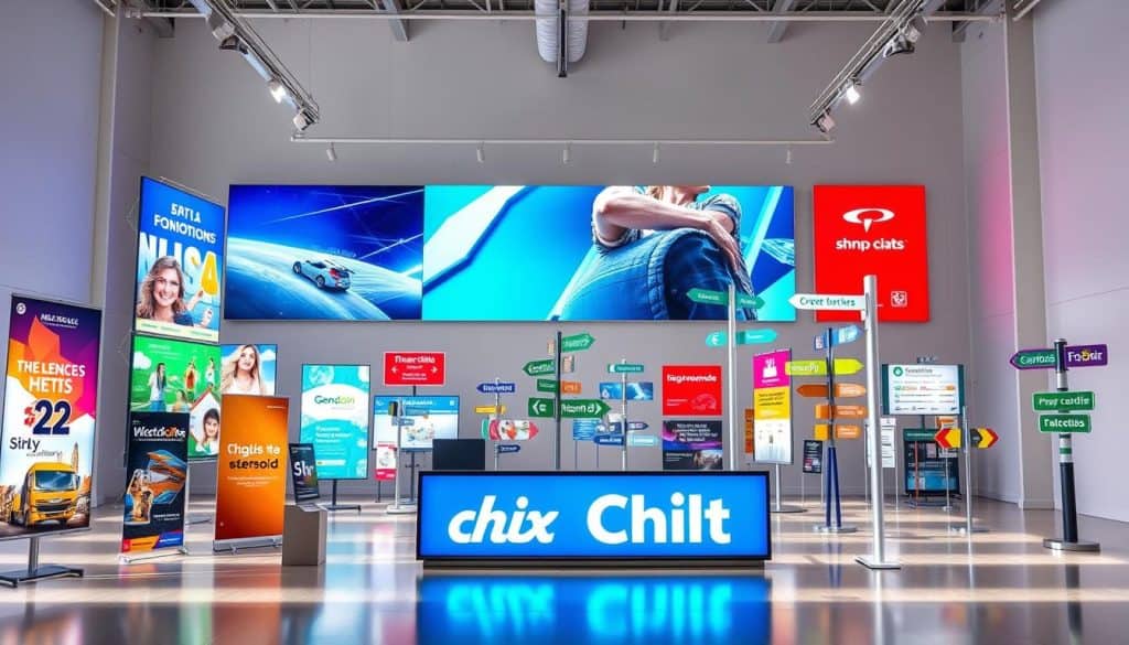 A vibrant, well-designed signage display showcasing a diverse range of high-quality, eye-catching señalética. The foreground features a range of promotional materials including banners, billboards, and digital displays, all crafted with precision and attention to detail. The middle ground showcases various signage solutions, from street signs to wayfinding systems, expertly fabricated to enhance the visual landscape. In the background, a modern, minimalist studio setting with natural lighting creates a professional, yet inviting atmosphere. The overall composition conveys a sense of expertise, innovation, and a commitment to delivering exceptional signage solutions for businesses in Colombia.