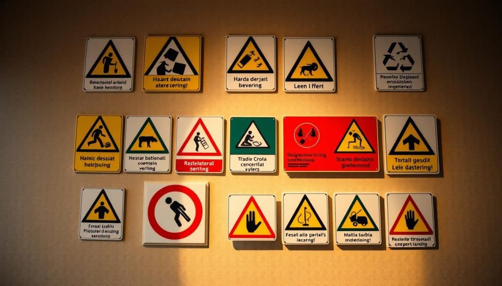 A visually striking set of multilingual warning signs arranged in a clear, organized manner against a subtly textured backdrop. Prominent, geometrically shaped symbols and pictograms in bold colors convey safety messages with precision and clarity. Warm, directional lighting casts dramatic shadows, heightening the signage's visual impact. The camera angle provides an eye-level perspective, creating a sense of immediacy and emphasizing the signs' practical purpose. An overall sense of order and professionalism evokes the authority and reliability required for effective workplace hazard communication. A visually striking set of multilingual warning signs arranged in a clear, organized manner against a subtly textured backdrop. Prominent, geometrically shaped symbols and pictograms in bold colors convey safety messages with precision and clarity. Warm, directional lighting casts dramatic shadows, heightening the signage's visual impact. The camera angle provides an eye-level perspective, creating a sense of immediacy and emphasizing the signs' practical purpose. An overall sense of order and professionalism evokes the authority and reliability required for effective workplace hazard communication.