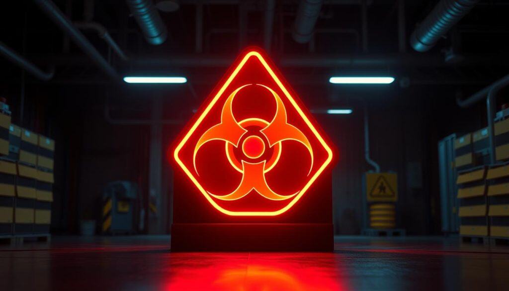 A vividly glowing, photoluminescent warning sign depicting a gas hazard symbol against a dark, industrial background. The sign is illuminated from within, casting a vibrant, neon-like glow across the scene. The sign's design is minimalist and highly legible, with clean lines and bold, contrasting colors. The lighting is dramatic, with deep shadows and highlights that accentuate the sign's three-dimensional form. The overall atmosphere is one of urgency and heightened safety awareness, conveying the critical importance of this type of signage in hazardous environments. A vividly glowing, photoluminescent warning sign depicting a gas hazard symbol against a dark, industrial background. The sign is illuminated from within, casting a vibrant, neon-like glow across the scene. The sign's design is minimalist and highly legible, with clean lines and bold, contrasting colors. The lighting is dramatic, with deep shadows and highlights that accentuate the sign's three-dimensional form. The overall atmosphere is one of urgency and heightened safety awareness, conveying the critical importance of this type of signage in hazardous environments.