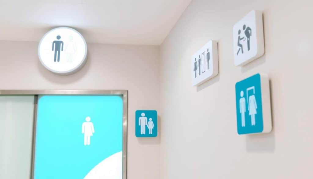 A well-designed and visually-appealing bathroom signage system, showcasing high-quality graphic arts integration. The signage features a minimalist, modern aesthetic with clean lines and thoughtful use of shapes, colors, and materials. The icons and symbols clearly convey the location and purpose of each bathroom, enabling intuitive wayfinding. Soft, even lighting illuminates the signage, creating a welcoming atmosphere. The signage is mounted at optimal heights and angles, ensuring visibility and accessibility. The overall composition strikes a balance between form and function, seamlessly blending aesthetics and practicality to elevate the bathroom experience.