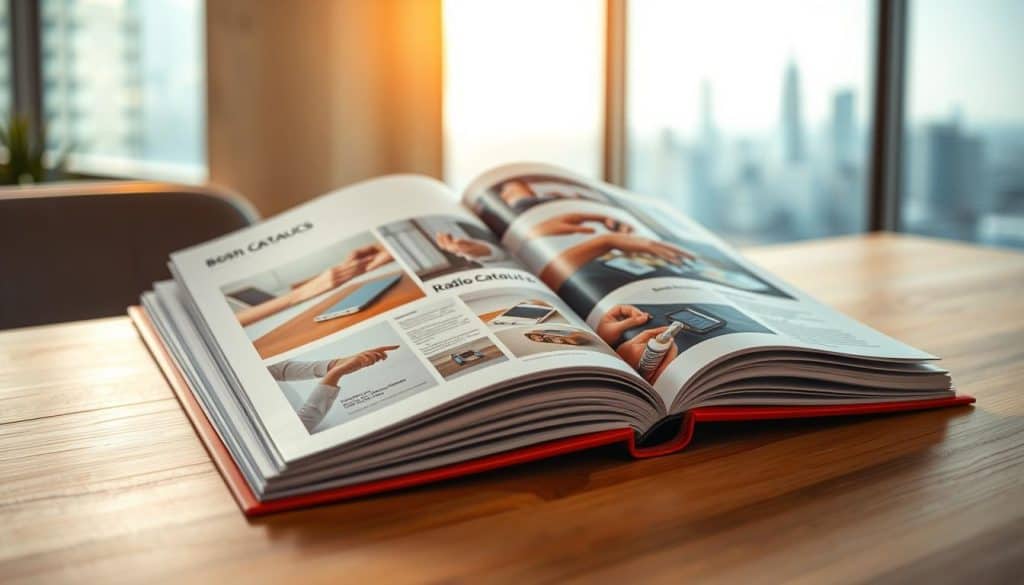 A well-designed catalog showcasing a range of business products, displayed on a warm-lit wooden table. The catalog's pages are elegantly arranged, inviting the viewer to explore the high-quality imagery and typography. A soft, natural lighting illuminates the scene, creating a serene and professional ambiance. The background features a blurred cityscape, hinting at the urban setting where this business operates. The overall composition conveys a sense of thoughtful presentation and attention to detail, reflecting the care and expertise required for effective catalog design and printing.