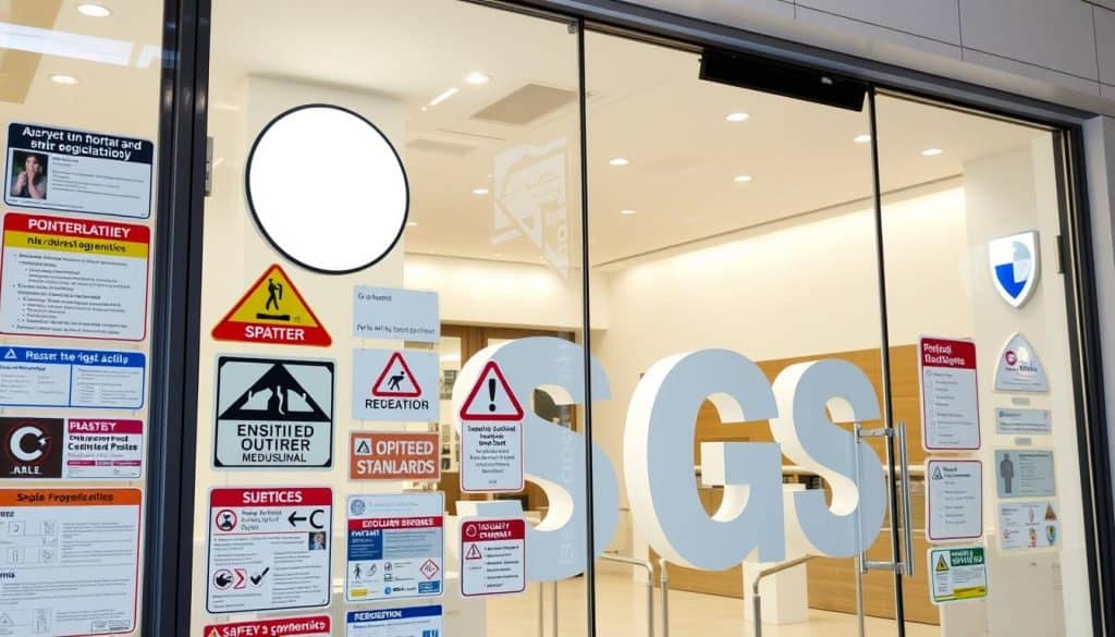 A well-lit commercial storefront showcasing a variety of acrylic and printed vinyl signage. The foreground features a collection of informational, directional, and regulatory signs in various shapes, sizes, and colors, adhering to industry standards and safety regulations. The middle ground showcases larger dimensional letters and logos, while the background displays a minimalist, modern interior with clean lines and neutral tones. The overall scene conveys a sense of professionalism, attention to detail, and compliance with relevant signage guidelines.