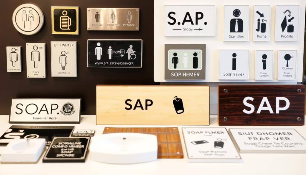 A well-lit, high-quality image showcasing a variety of soap dispenser signage. The foreground features a range of soap dispenser signs in various shapes, sizes, and materials, including metal, plastic, and wood, with clear iconography and text. The middle ground shows the signs installed in different commercial bathroom settings, such as sinks and countertops, demonstrating their visibility and placement. The background provides a clean, neutral environment, allowing the signage to take center stage. The overall scene conveys a sense of professionalism, attention to detail, and a focus on effective communication through high-quality soap dispenser signage.
