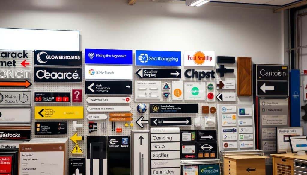 A well-lit, high-quality photograph of an array of various signage and wayfinding elements, including acrylic and vinyl printed signs, directional markers, and other modern corporate branding and communication tools. The scene depicts a professional manufacturing and distribution facility, with the signage displayed in a visually appealing, organized manner that showcases their quality and versatility. The lighting is soft and diffused, creating a warm, inviting atmosphere. The camera angle is positioned to provide a comprehensive overview of the signage products, allowing the viewer to appreciate the craftsmanship and attention to detail. The background is clean and uncluttered, placing the focus entirely on the signage and its production.