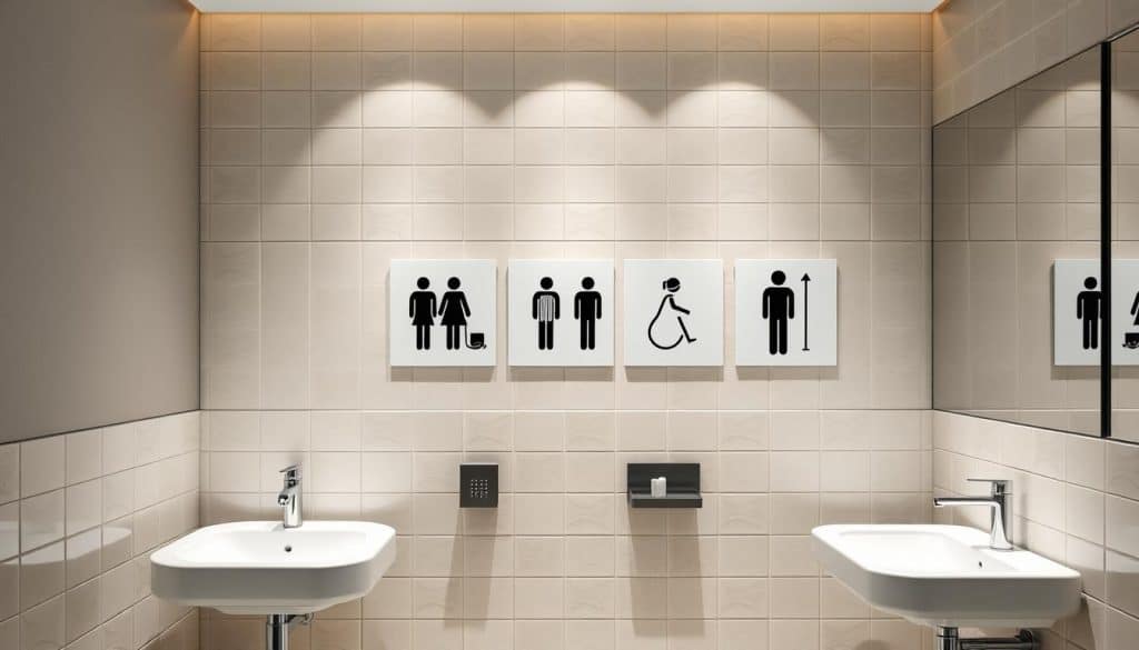 A well-lit, high-resolution image of regulatory signage in a modern, minimalist bathroom setting. The signage features simple, clean icons and text against a neutral color palette, seamlessly integrated with the tiled walls and sleek fixtures. The lighting casts soft shadows, highlighting the three-dimensional form of the signage and creating a sense of depth. The overall scene conveys a sophisticated, code-compliant aesthetic that complements the artistic visual elements throughout the space.