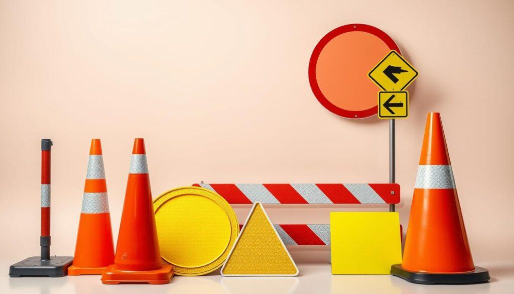 A well-lit, high-resolution image of various traffic safety materials, including reflective signage, traffic cones, and road barriers, arranged in a clean, organized manner on a neutral background. The materials should be depicted with a sense of durability and high-quality craftsmanship, conveying a strong impression of reliability and safety. The lighting should be soft and natural, highlighting the textures and colors of the materials. The overall composition should have a balanced, professional feel, showcasing the versatility and effectiveness of these safety products.