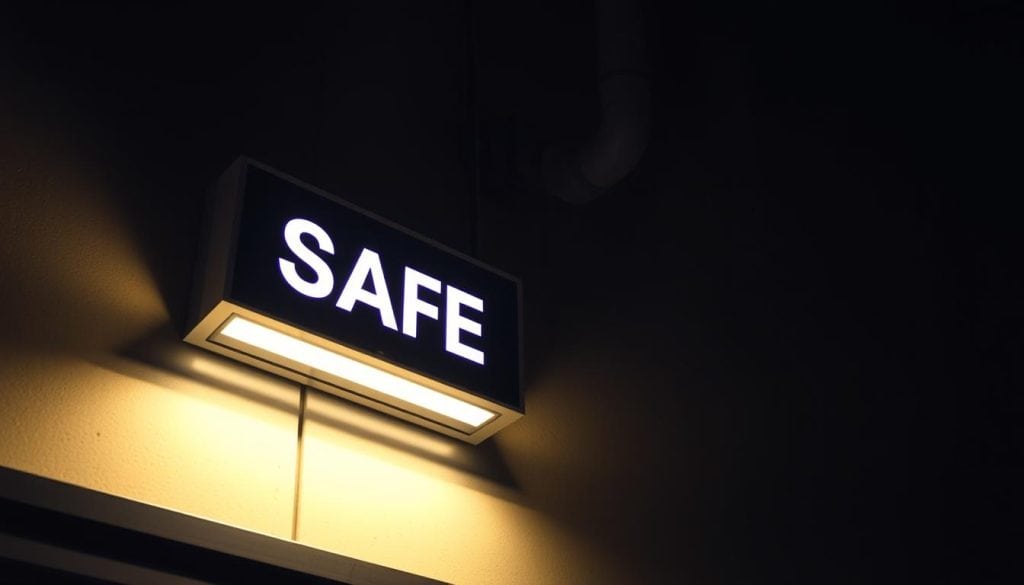 A well-lit illuminated safety sign, casting a warm glow in a dimly lit industrial setting. The sign is mounted on a sturdy metal frame, its edges sharply defined against the shadows. The lighting emanates from within, creating a clear, legible display that stands out prominently. The background features a concrete wall or floor, suggesting a practical, utilitarian environment. The overall scene conveys a sense of reliable, well-maintained safety infrastructure, ready to guide and protect in the event of an emergency. A well-lit illuminated safety sign, casting a warm glow in a dimly lit industrial setting. The sign is mounted on a sturdy metal frame, its edges sharply defined against the shadows. The lighting emanates from within, creating a clear, legible display that stands out prominently. The background features a concrete wall or floor, suggesting a practical, utilitarian environment. The overall scene conveys a sense of reliable, well-maintained safety infrastructure, ready to guide and protect in the event of an emergency.