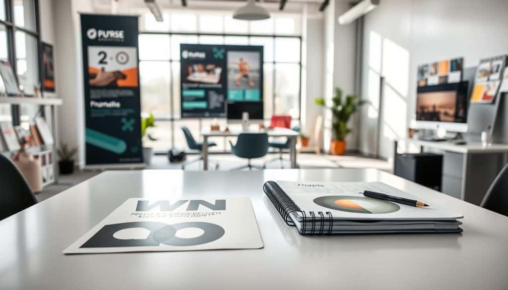 A well-lit, professional-looking image showcasing various signage elements used in a corporate identity or branding system. The foreground features a clean, minimalist desk with a variety of high-quality print samples laid out, including vinyl decals, hanging banners, and a neatly organized notebook. The middle ground depicts a modern, airy office space with large windows and natural lighting, conveying a sense of creativity and attention to detail. The background subtly hints at the company's graphic design expertise, with graphic design tools, color swatches, and a computer monitor displaying design software. The overall mood is one of sophisticated professionalism, innovation, and a passion for impactful visual communication.