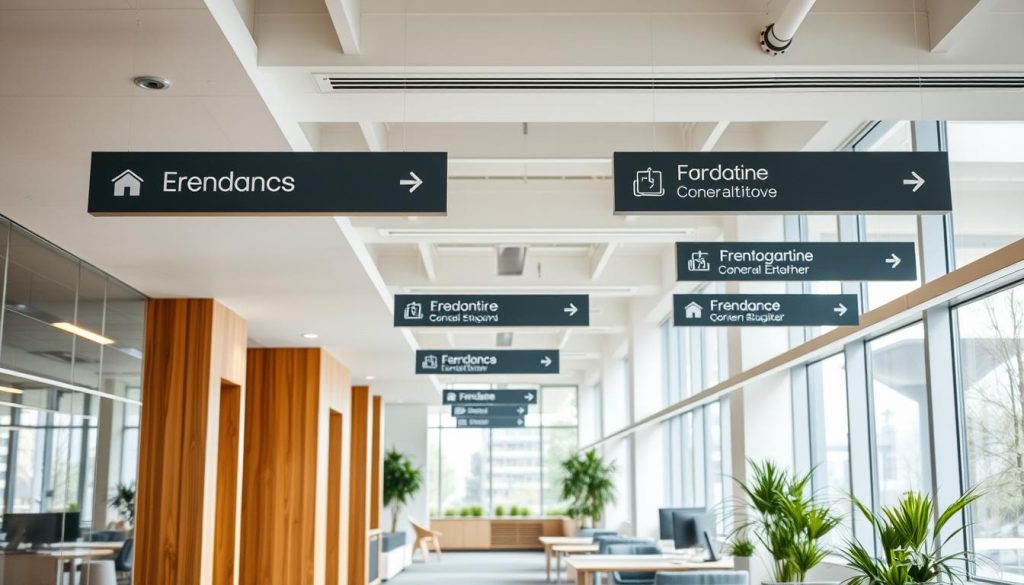 A well-organized office space with a clear and cohesive signage system. A bright and airy interior with large windows letting in natural light. Sleek, minimalist directional signs and room labels in a modern, sans-serif font placed at eye level. Subtle yet impactful icons and pictograms guide visitors intuitively. Signage blends seamlessly with the contemporary decor, complementing the clean aesthetic. Warm wood accents and pops of greenery create a calming, professional atmosphere. The overall signage communicates efficiency, organization and attention to detail - essential elements of an effective office environment.