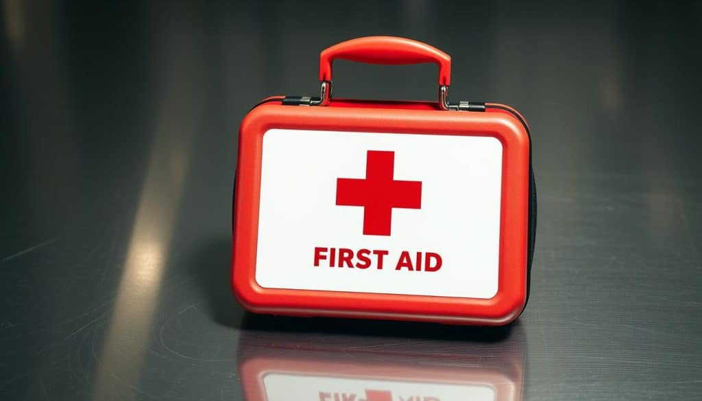A well-stocked first aid kit, prominently displayed on a clean, metallic surface. The kit's exterior features a bold red cross emblem against a white background, conveying a sense of urgency and professionalism. The lighting is soft and diffused, creating gentle shadows that accentuate the kit's sturdy construction and attention to detail. The camera angle is slightly elevated, giving the viewer a sense of authority and control over the scene. The overall mood is one of preparedness, order, and a commitment to workplace safety and employee well-being. A well-stocked first aid kit, prominently displayed on a clean, metallic surface. The kit's exterior features a bold red cross emblem against a white background, conveying a sense of urgency and professionalism. The lighting is soft and diffused, creating gentle shadows that accentuate the kit's sturdy construction and attention to detail. The camera angle is slightly elevated, giving the viewer a sense of authority and control over the scene. The overall mood is one of preparedness, order, and a commitment to workplace safety and employee well-being.