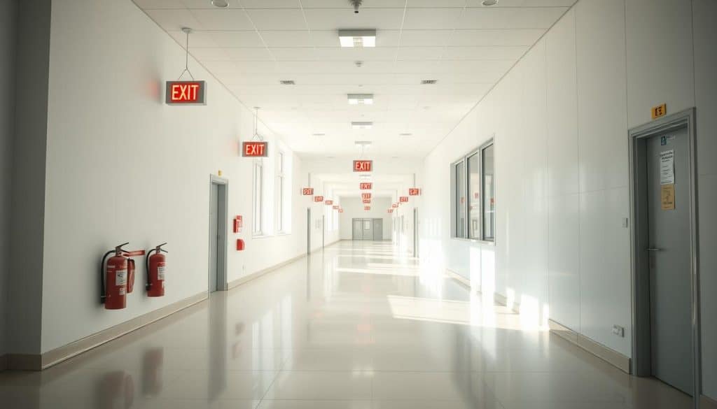 A wide, well-lit corridor with bright emergency exit signs guiding the way. Pristine white walls and sleek floor tiles convey a sense of order and safety. Subtle, evenly-spaced overhead lighting casts a warm, calming glow. Visible fire extinguishers and clearly marked evacuation routes inspire confidence. Sunlight streams in through large windows, illuminating the path to safety. The scene exudes a serene, reassuring atmosphere, ready to facilitate a swift, organized evacuation in an emergency.