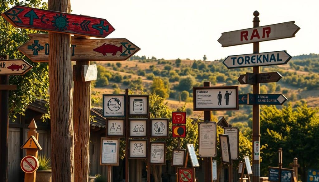 An immersive scene of vibrant tourist signage in a rustic, sun-dappled setting. Weathered wooden posts topped with colorful directional signs point the way to nearby attractions, their surfaces bearing intricate hand-painted designs and symbols. The middle ground features a collection of freestanding signs, their metal frames supporting information panels with iconic symbols and stylized text. In the background, a rolling landscape dotted with lush foliage sets the stage, the warm golden light casting a sense of timeless charm. The overall composition conveys a welcoming, authentic atmosphere evocative of a traditional tourist destination.