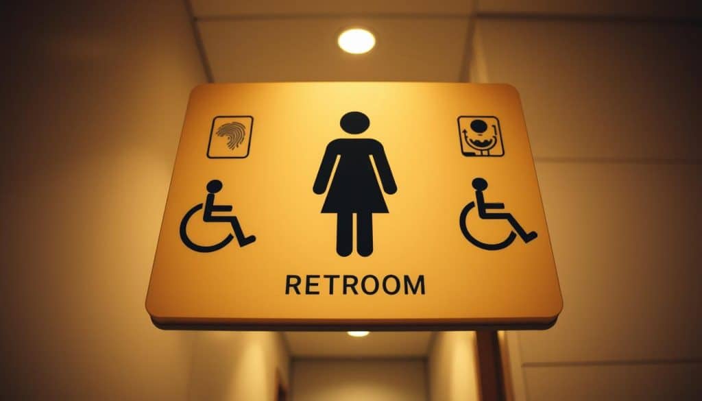 An inclusive restroom sign with a gender-neutral figure in the center, surrounded by icons representing accessibility features such as wheelchair, braille, and hearing impairment symbols. The sign has a minimalist, modern design with a warm, earthy color palette, conveying a sense of openness and inclusivity. The lighting is soft and diffused, creating a calming and welcoming atmosphere. The angle is frontal, capturing the sign in its entirety, with a slight perspective to provide depth and dimension.