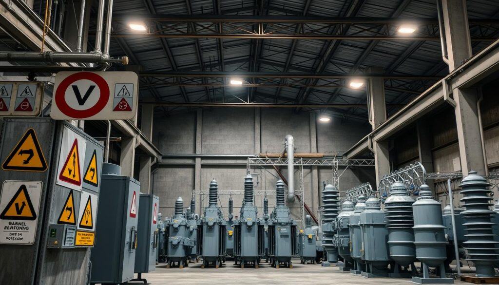 An industrial warehouse interior with high ceilings and concrete floors. In the foreground, various high voltage electrical warning signs and symbols are prominently displayed on metal panels and fixtures. The middle ground features an array of electrical transformers, insulators, and other high voltage equipment in shades of gray and silver. The background is illuminated by bright, focused lighting from overhead, casting dramatic shadows and highlighting the industrial aesthetic. The overall mood is one of power, danger, and technical precision, reflecting the specialized nature of high voltage signage and infrastructure.