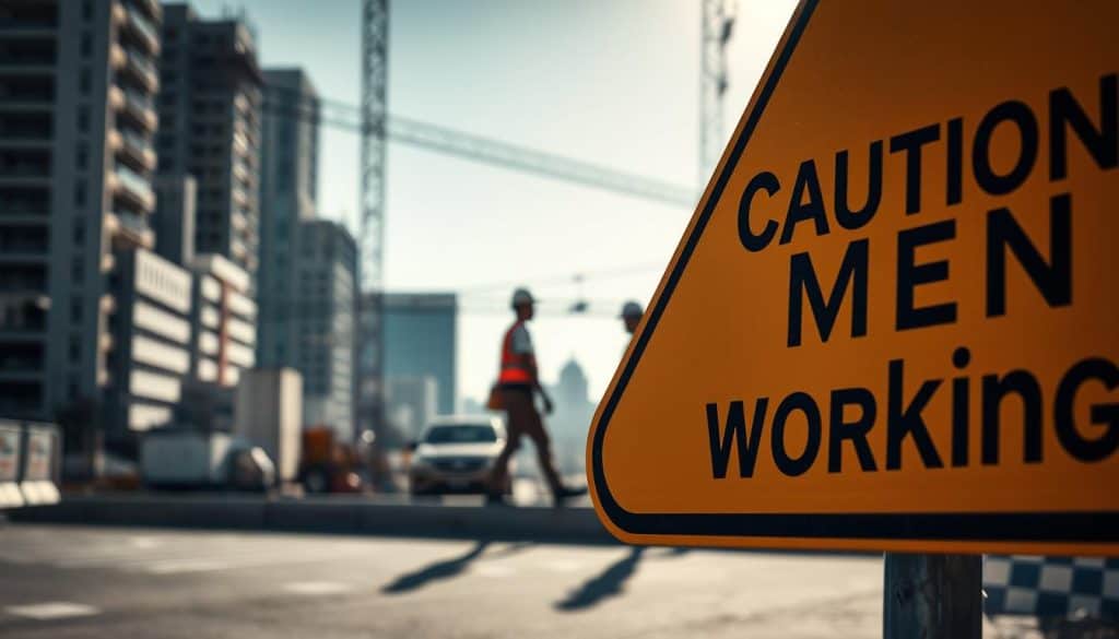 Caution men working: A bold, high-contrast road sign in the foreground, with a clear silhouette of workers in the middle ground. The background features a blurred urban landscape with buildings and infrastructure, suggesting an active construction site. The lighting is crisp and directional, casting long shadows that emphasize the urgency of the scene. The overall composition conveys a sense of safety, professionalism, and attention to regulatory standards for worker visibility and hazard communication. Caution men working: A bold, high-contrast road sign in the foreground, with a clear silhouette of workers in the middle ground. The background features a blurred urban landscape with buildings and infrastructure, suggesting an active construction site. The lighting is crisp and directional, casting long shadows that emphasize the urgency of the scene. The overall composition conveys a sense of safety, professionalism, and attention to regulatory standards for worker visibility and hazard communication.