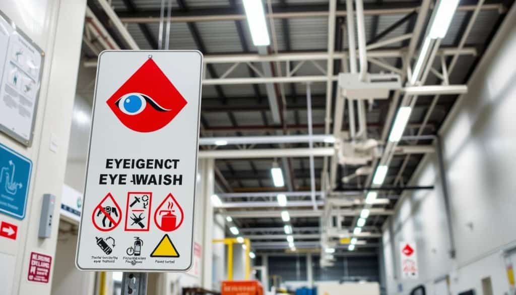 Detailed emergency signage in a well-lit industrial setting. A prominent emergency eye-wash station sign in the foreground, with standardized international symbols and bright colors. The middle ground features a variety of safety signs and pictograms, including fire extinguisher, exit, and hazard warnings. The background shows the clean, modern interior of a manufacturing facility, with high ceilings, exposed beams, and a neutral color palette. The lighting is clear and directional, casting sharp shadows and highlighting the signage. The overall scene conveys a sense of order, safety, and compliance with relevant regulations.