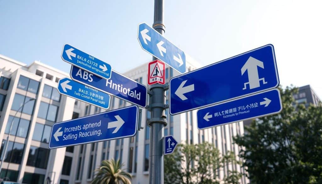 Detailed, high-quality blue traffic signs in an urban setting. Crisp, well-lit signage featuring directional arrows, symbols, and text conveying safety and wayfinding information. The signs are mounted on sturdy metal posts against a backdrop of modern architecture and clear skies. Sophisticated, functional design emphasizes the importance of clear, legible signage for public navigation and security. The scene captures the essential role of well-crafted blue signage in establishing a visually coherent, organized, and safe public space.