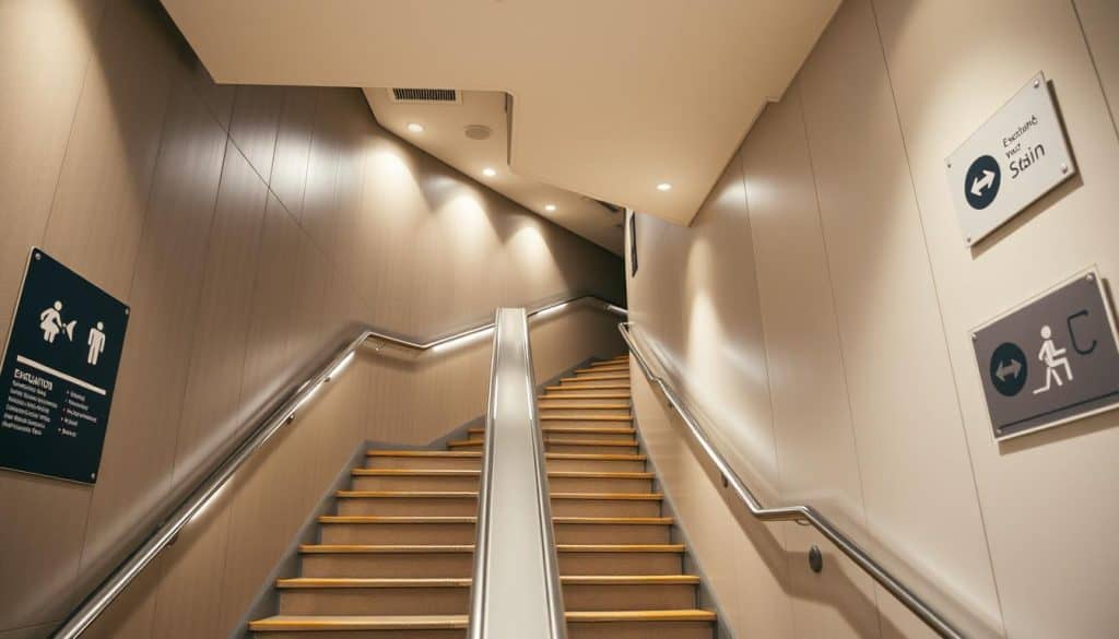 Detailed signage for stairs and evacuation in a professional and modern setting. A well-lit stairwell with clear directional markers and safety icons on the walls, illuminated with soft overhead lighting. The stairs themselves are made of sturdy, non-slip material, with contrasting step edges for visibility. The overall atmosphere is calm, organized, and designed to guide people efficiently during an emergency situation. The signage utilizes a clean, minimalist aesthetic with muted colors that blend seamlessly into the environment.