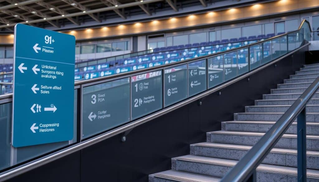 Detailed signage on stadium steps, with clear directional markings, symbols, and icons guiding visitors. A well-lit, high-contrast design in a modern, minimalist style, featuring a combination of metal, stone, and glass materials. The signage is seamlessly integrated into the architectural elements, creating a cohesive and visually appealing wayfinding system. The scene conveys a sense of functionality, safety, and aesthetic harmony within the stadium environment.