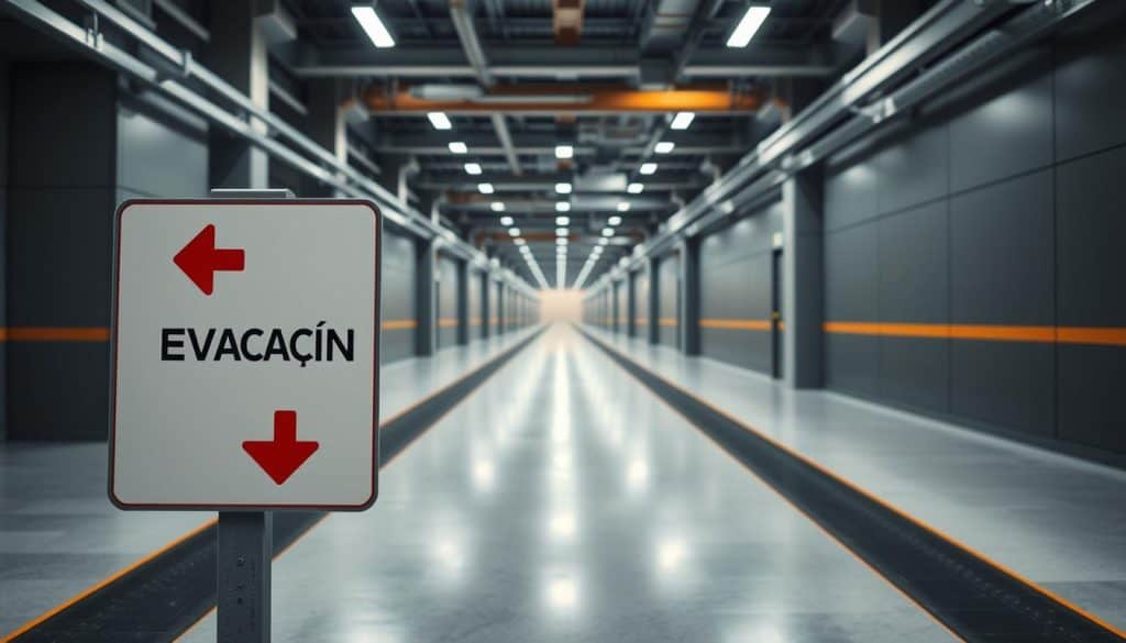 Highly detailed, cinematic image of a comprehensive evacuation route sign in a modern, minimalist style. Prominent in the foreground is a clean, white sign with red graphics and black text clearly displaying "RUTA EVACUACIÓN" and directional arrows. The middle ground features a well-lit, expansive hallway or corridor with smooth, gray floors and walls, creating a sense of depth and scale. The background depicts a serene, industrial setting with subtle lighting and architectural elements that emphasize safety and efficiency. The overall scene conveys a strong sense of purpose, order, and preparedness, suitable for a safety signage application. Highly detailed, cinematic image of a comprehensive evacuation route sign in a modern, minimalist style. Prominent in the foreground is a clean, white sign with red graphics and black text clearly displaying "RUTA EVACUACIÓN" and directional arrows. The middle ground features a well-lit, expansive hallway or corridor with smooth, gray floors and walls, creating a sense of depth and scale. The background depicts a serene, industrial setting with subtle lighting and architectural elements that emphasize safety and efficiency. The overall scene conveys a strong sense of purpose, order, and preparedness, suitable for a safety signage application.