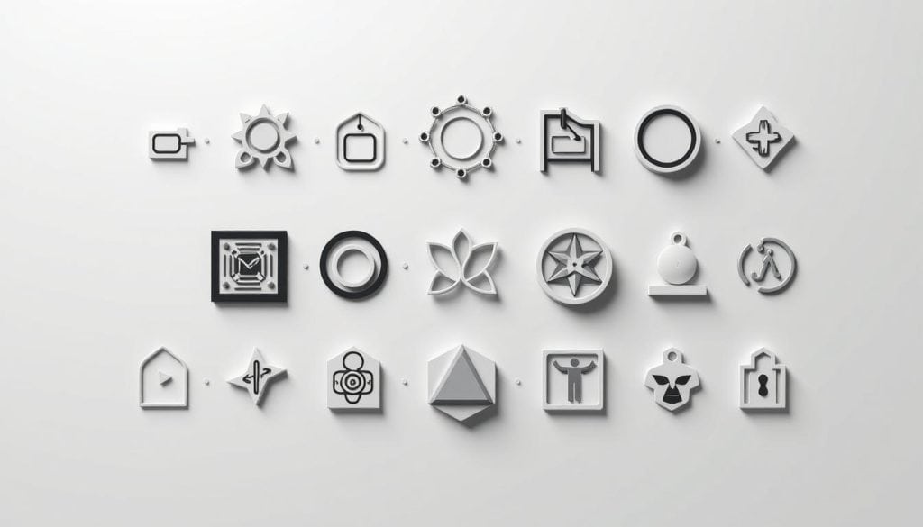 Intricate geometric symbols and icons representing safety standards, arranged in a clean, minimalist layout. A neutral color palette of grays, blacks, and whites, with hints of vibrant accent colors to draw the eye. The symbols are depicted with crisp, precise lines and shapes, conveying a sense of order and professionalism. The overall composition is balanced and symmetrical, creating a sense of stability and reliability. Subtle shadows and subtle ambient lighting add depth and dimensionality to the scene. The image has a sleek, modern aesthetic that aligns with the high-quality, technical nature of safety signage and regulations.