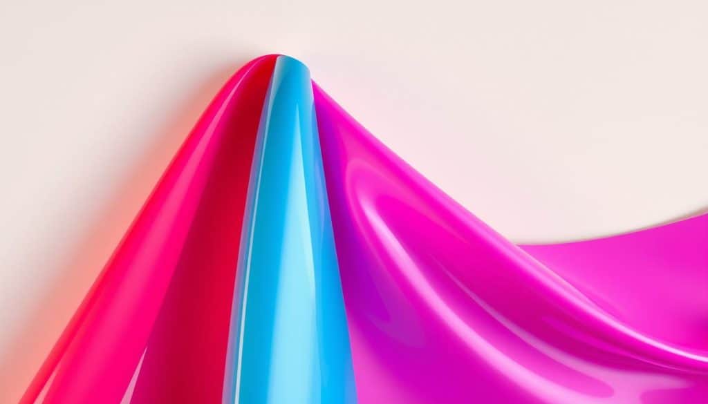 Intricate, glossy adhesive vinyl in vibrant hues, arranged in a clean, minimalist composition. The material appears smooth and supple, with a subtle sheen under warm, directional lighting, casting gentle shadows. The vinyl is depicted against a plain, neutral background, allowing the product to take center stage. The image conveys a sense of high-quality, professional signage materials suitable for use in soap and sanitary-related industries, aligning with the subject matter of the article.
