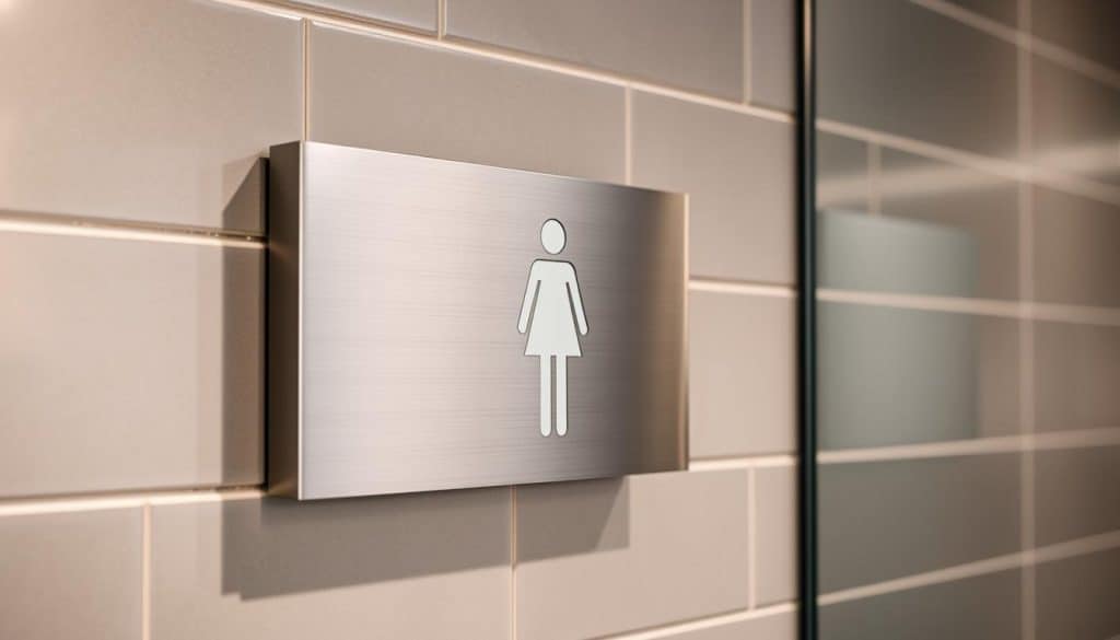 Producto: a sleek, modern sign made of brushed stainless steel, mounted flush against a tiled bathroom wall. Soft, indirect lighting casts a gentle glow, accentuating the elegant, minimalist design. The sign features a simple, iconic graphic of a woman's silhouette, rendered in a subtle, frosted finish that blends seamlessly with the surrounding tiles. The overall aesthetic conveys a sense of understated sophistication, perfectly suited for a high-end commercial restroom environment. Detailed close-up view, capturing the precision engineering and premium materials used in its fabrication.