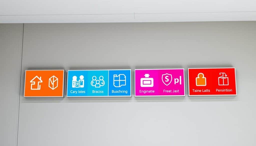Señalización: Vibrant signage against a muted backdrop. Crisp and modern icons on sturdy metal panels, mounted securely along a sleek, minimalist structure. Overhead, soft, diffused lighting casts an even glow, highlighting the signage's bold, legible typography and vivid colors. The layout is clean and well-organized, adhering to safety regulations while maintaining an elegant, professional appearance. The scene conveys a sense of order, reliability, and attention to detail - essential qualities for a leading manufacturer of high-quality signage solutions.